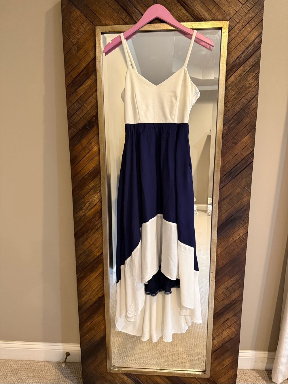 Hutch White and Navy High-Low Spaghetti Strap Dress